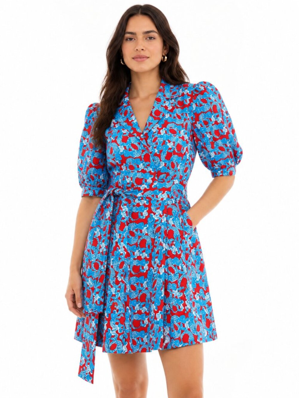 LHD Casitas Dress Mermaid Print Red Blue Puff Sleeve Wrap Mini Size 2